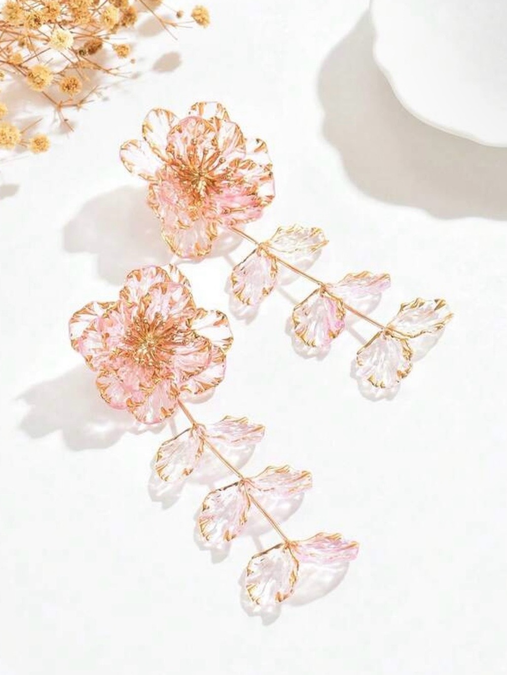 Blush Pink Floral Petal Drop Earrings - Picture 3 of 3